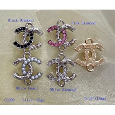 Cu209 - Silver Chanel Pendant Jewel CC Buttons Pearl Sewing Two Holes - 0.55"(14mm) - cu209