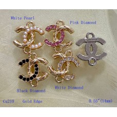 Cu210 - Gold Chanel Pendant Jewel CC Buttons Pearl Sewing Two Holes - 0.55"(14mm) - cu210