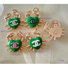 CC Pendant Chanel Charm Crab Heart Buttons Diamond Luxury Jewelry Green Gold Edge - 1"(25mm) - cu242