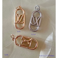 LV Charm Pendant Louis Vuitton Buttons Long Ring Silver Gold Edge 0.55"x1.3"(14mmx33mm) cu326