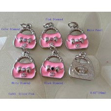 Chanel Pendant CC Charm Bag Buttons Diamond Luxury Jewelry Pink Silver Edge - 0.63"(16mm) - cu341