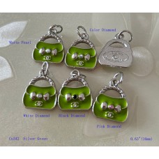 Chanel Pendant CC Charm Bag Buttons Diamond Luxury Jewelry Green Silver Edge - 0.63"(16mm) - cu342