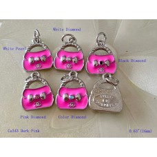 Chanel Pendant CC Charm Bag Buttons Diamond Luxury Jewelry Dark Pink Silver Edge - 0.63"(16mm) - cu343