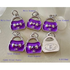 Chanel Pendant CC Charm Bag Buttons Diamond Luxury Jewelry Purple Silver Edge - 0.63"(16mm) - cu344