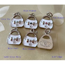 Chanel Pendant CC Charm Bag Buttons Diamond Luxury Jewelry White Silver Edge - 0.63"(16mm) - cu346