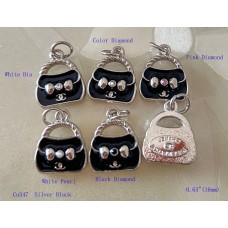 Chanel Pendant CC Charm Bag Buttons Diamond Luxury Jewelry Black Silver Edge - 0.63"(16mm) - cu347